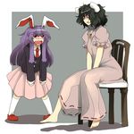 age_switch alternate_height angry animal_ears barefoot black_hair blazer bunny_ears carrot carrot_necklace chair child chiyoshi_(sevendw) height_switch inaba_tewi jacket jewelry multiple_girls necklace necktie older pendant purple_hair red_eyes red_neckwear reisen_udongein_inaba role_reversal sitting tears touhou troll_face younger 