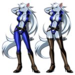  arm_behind_head armband belt blue_eyes bodysuit boots canine cleavage clothed clothing crossgender female fur grey_body grey_fur hair high_heels inumania long_hair mammal plain_background pose pretty_cure skimpy skinsuit smile_pretty_cure solo standing white_background white_hair wolf wolfrun 