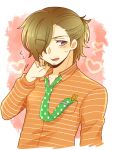  1boy blush breast_pocket brown_hair collared_shirt cropped_torso flying_sweatdrops green_necktie hair_over_one_eye half_updo heart idolmaster idolmaster_side-m kinococcos lower_teeth_only male_focus necktie open_mouth orange_shirt pocket polka_dot polka_dot_necktie purple_eyes scratching_cheek shirt short_hair solo striped_clothes striped_shirt sweatdrop teeth yamashita_jiro 