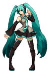  aqua_hair bad_id bad_pixiv_id detached_sleeves free0 green_eyes hair_ornament hatsune_miku long_hair lowres necktie pixel_art skirt smile solo standing thighhighs twintails very_long_hair vocaloid 