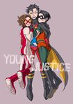  abs bart_allen black_hair bodysuit boots brown_hair cape carrying copyright_name dc_comics domino_mask flying gloves goggles impulse male male_focus mask multiple_boys red_shoes robin_(dc) shoes split-toe_footwear superboy tim_drake trio young_justice 
