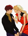  1boy 1girl amuro_ray belt black_eyes blonde_hair blue_eyes brown_hair char_aznable chuingonggong commentary_request genderswap genderswap_(mtf) gundam highres jacket korean_commentary long_hair long_sleeves military_uniform mobile_suit_gundam pants shirt short_hair simple_background sitting turtleneck white_background 