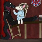  beer beverage chair commish commission crocodile cute dartboard duo female hedgehog leaning male mammal metal reptile scalie short skyfolk spikes studs table tall vest vonderdevil 