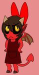  apron cryptid cute demon female frown grinner hand_on_hip jersey little man micro nekokitsune pink_background plain_background red_skin slenderman smile spade_tail the two_toes vonderdevil wings yellow_sclera young 