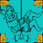 ambiguous_gender anthro arms_tied bottomwear bound canid canine canis cheek_tuft clothing dangling facial_tuft fox fur grappling_hook gun hoodie jackal mammal markings neon neon_white ranged_weapon rocket_launcher shorts solo spots spotted_body spotted_fur spotted_markings striped_body striped_fur stripes suspension sweater topwear tuft weapon wolf worried worried_face worried_look yumuyumu zinc_(yumuyumu)