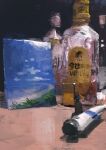  1girl alcohol english_text glass_bottle highres mini_person minigirl object_focus original paint_tube painting_(object) slow_d solo spirit still_life whiskey 