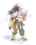  2boys :d black_eyes black_hair blue_eyes blush blush_stickers boots dougi dragon_ball dragonball_z eyebrows_visible_through_hair floating flower full_body happy long_sleeves looking_back male_focus multiple_boys open_mouth pink_flower purple_hair shadow short_hair simple_background smile son_goten spiked_hair spread_legs standing trunks_(dragon_ball) white_background wristband yosi_(yosi_ton) 