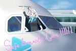  airbus airbus_a320 aircraft airplane airport black_suit cockpit english_text flag flight_attendant gawr_gura gloves hololive hololive_english ibispaint_(medium) leaning_out_of_window narita_airport non-web_source scarf suit travel_attendant virtual_youtuber waving white_gloves white_hair 