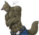  anthro belt biceps body_hair brown_fur canine captainjohkid claws clothed clothing crossed_arms fur half-dressed happy_trail jeans male mammal muscles orange_eyes pants pecs plain_background pose scratch solo standing topless uknown_artist were werewolf white_background wolf 