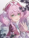  1girl aqua_bow aqua_hair bow bright_pupils dress green_eyes hair_between_eyes hat highres honkai:_star_rail honkai_(series) hyacine_(honkai:_star_rail) kopi_(user_ajtn7422) long_sleeves multicolored_hair open_mouth own_hands_together pink_hair red_dress red_hat smile solo two-tone_hair upper_body watermark white_bow white_pupils 