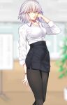  1girl alternate_costume black_leggings black_skirt bracelet breasts collarbone collared_shirt fate/grand_order fate_(series) high-waist_skirt highres iro_(sekaixiro) jeanne_d'arc_alter_(fate) jewelry leggings looking_at_viewer medium_breasts office office_lady pencil_skirt shirt shirt_tucked_in short_hair skirt white_hair white_shirt yellow_eyes 
