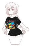  1girl artist_logo black_shirt blush breasts closed_mouth cropped_legs dragon_girl dragon_horns fang highres horns huge_breasts ilulu_(maidragon) kobayashi-san_chi_no_maidragon leaning_forward logo long_hair looking_at_viewer meme partially_colored pointy_ears shirt simple_background skin_fang slit_pupils smile solo sonic_(series) sonic_the_hedgehog twintails white_background 