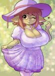 20pesos_sopa :&gt; absurd_res big_breasts black_eyes blurred_background breasts brown_hair cleavage clothed clothing dress ear_piercing ears_down eyelashes female floral_print freckled_arms freckled_breasts freckled_ears freckled_face freckles gem goblin green_background green_body green_skin hair hat headgear headwear heart_symbol hi_res humanoid humanoid_pointy_ears jewelry lace legwear lei_(20pesos_sopa) lipstick looking_at_viewer makeup necklace one_eye_closed pearl_(gem) pearl_necklace piercing pink_clothing pink_dress pink_hat pink_headwear pink_legwear pivoted_ears pointy_ears pupils purple_lipstick red_pupils short_hair short_stack simple_background skirt_grab solo standing wink yellow_sclera