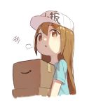  1girl =3 aqua_shirt baseball_cap box cardboard_box carrying chestnut_mouth cloba clothes_writing commentary_request cropped_torso hair_between_eyes hat hataraku_saibou highres holding holding_box light_brown_eyes light_brown_hair long_hair looking_at_viewer platelet_(hataraku_saibou) shirt short_sleeves signature simple_background solo upper_body white_background white_hat white_pupils 