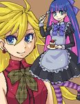  alternate_costume apron blonde_hair blue_eyes cupcake food hachiko_(murasaki_no_neko) long_hair lowres multicolored_hair multiple_girls oekaki panty_&amp;_stocking_with_garterbelt panty_(psg) pantyhose pink_hair purple_hair purple_legwear stocking_(psg) striped striped_legwear 