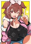  029skysky 1girl alternate_breast_size animal_ears animal_hood animal_print black_choker black_shirt bone_print breasts brown_eyes brown_hair cartoon_bone choker cleavage commentary dog_ears dog_girl dog_hood dog_print hololive hood inugami_korone inugami_korone_(loungewear) jacket large_breasts long_hair looking_at_viewer o-ring o-ring_choker official_alternate_costume open_mouth pink_jacket print_shirt shirt shorts smile solo symbol-only_commentary virtual_youtuber 