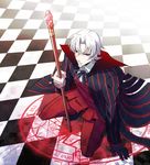  checkered checkered_floor dark_persona fate/zero fate_(series) gem magic_circle male_focus red_eyes solo staff striped toosaka_tokiomi vertical_stripes white_hair yukihime_(mofumofu2225) 