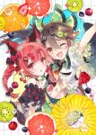  2girls ahoge animal_ears bare_shoulders bow braid brown_hair cat_ears fang food fruit green_ribbon hair_bow hair_ribbon kaenbyou_rin long_hair multiple_girls navel one_eye_closed open_mouth red_eyes red_hair reiuji_utsuho ribbon skin_fang smile touhou toutenkou twin_braids yellow_eyes 