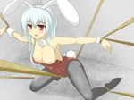  alternate_hair_color animal_ears bdsm blue_hair blush bondage bound breasts bunny_ears bunny_girl bunny_tail bunnysuit crotch_rope fukunaga_kazuhiro highres long_hair medium_breasts nipples open_mouth pantyhose red_eyes reisen_udongein_inaba restrained solo tail touhou 