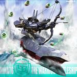  arrow battleship bow_(weapon) electricity gibot helmet highres igunuk japanese_armor kabuto mecha military military_vehicle minato_(gibot) no_humans ocean original realistic robot science_fiction ship warship watercraft weapon 