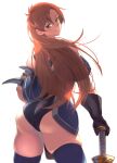  1girl akinaie armlet armor ass bare_shoulders black_panties blue_armor brown_eyes brown_gloves brown_hair closed_mouth daisy_(dq) dragon_quest dragon_quest_yuusha_abel_densetsu fake_horns gloves helmet highres horned_helmet horns jewelry lips long_hair looking_at_viewer panties simple_background smile solo sword thighhighs underwear weapon white_background 