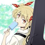  blonde_hair brown_eyes character_request food guitar_case hair_ribbon haniwa_(leaf_garden) instrument_case long_hair looking_back open_mouth original popsicle ribbon solo twintails 