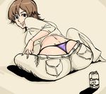  amaha_masane ass bb_(baalbuddy) beer_can breasts brown_eyes brown_hair can dimples_of_venus from_behind large_breasts lowleg lowleg_pants mature nail_polish panties pants partially_colored short_hair solo thong underwear whale_tail witchblade 