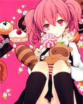  1girl animal animal_ears between_legs black_legwear black_socks cake candy chida_eito chocolate chocolate_bar donut doughnut flower food fruit holding inu_x_boku_ss leaf leaf_on_head lollipop object_on_head open_mouth panties pantyshot pastries pigtails pink_background pink_eyes pink_hair roromiya_karuta school_uniform short_hair short_twintails sitting skirt solo strawberry sweets tail tanuki twintails underwear upskirt watanuki_banri 