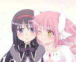  :o ;) akemi_homura black_hair blush bow capelet cheek-to-cheek choker cleavage_cutout collarbone dress hair_bow hairband kaname_madoka luminous_(madoka_magica) magical_girl mahou_shoujo_madoka_magica makino_(ukiuo) multiple_girls one_eye_closed open_mouth petals pink_eyes purple_eyes shirt smile spoilers two_side_up ultimate_madoka white_dress yellow_eyes yuri 