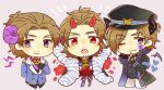  3boys :3 :o black_gloves black_horns black_jacket black_nails black_shirt brown_hair chibi chibi_only cropped_legs cropped_torso demon_horns facial_hair fang fingerless_gloves fur-trimmed_jacket fur_trim gloves goatee_stubble half_updo horns idolmaster idolmaster_side-m jacket japanese_clothes kinococcos male_focus medium_hair multiple_boys multiple_persona mustache_stubble official_alternate_costume oni pants purple_eyes red_eyes red_horns shirt short_hair smile stubble white_pants yamashita_jiro 