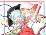  :d ^_^ ^o^ aqua_hair arm_up ascot bandages bandaid bandaid_on_arm bandaid_on_nose blonde_hair blush blush_stickers border bow cheering closed_eyes fang flandre_scarlet hand_on_headwear hat hat_ribbon heart hug kikurage_(sugi222) komeiji_koishi long_hair multiple_girls one-armed_hug open_mouth puffy_short_sleeves puffy_sleeves red_skirt ribbon short_hair short_sleeves skirt smile string third_eye touhou vampire vest white_background wings 