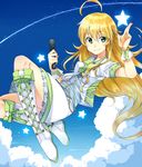  7zu7 absurdres blonde_hair cloud day green_eyes highres hoshii_miki idolmaster idolmaster_(classic) long_hair microphone sky smile solo 