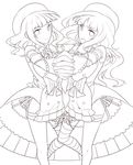  1girl bad_id bad_pixiv_id beads beret detached_sleeves dress elbow_gloves fingerless_gloves flower formal furfur gloves hat holding_hands jewelry lineart long_hair mismatched_legwear monochrome otoko_no_ko ribbon rose symmetry thighhighs towa1 umineko_no_naku_koro_ni zepar 