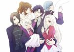  5girls black_eyes black_hair blue_eyes blue_hair bob_cut brown_eyes brown_hair cigarette emiya_kiritsugu fate/zero fate_(series) hisau_maiya illyasviel_von_einzbern irisviel_von_einzbern long_hair multiple_girls natalia_kaminski one_eye_closed ponytail red_eyes shirley_(fate/zero) short_hair smoking white_hair yukihime_(mofumofu2225) 