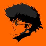  1boy closed_mouth collared_shirt commentary_request cowboy_bebop cropped_head curly_hair looking_at_viewer looking_to_the_side lowres male_focus masamon monochrome no_lineart orange_theme partial_commentary profile round_eyewear shirt short_hair solo spike_spiegel sunglasses 