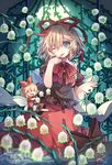  blonde_hair blue_hair doll dress finger_to_mouth flower hair_ribbon lily_of_the_valley looking_at_viewer medicine_melancholy one_eye_closed ribbon skirt solo su-san tongue tongue_out touhou wings yayin_(yayin233) 