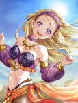  1girl :d aqua_eyes bare_shoulders black_pantyhose blonde_hair blue_sky blurry blurry_background bra breasts choker cleavage clenched_hands collarbone commentary_request cowboy_shot dancer&#039;s_costume_(dq) detached_sleeves dragon_quest dragon_quest_xi earrings floating_clothes floating_hair gold_earrings gold_necklace gold_trim hair_pulled_back hairband head_tilt highres jewelry medium_breasts midriff multicolored_eyes navel necklace official_alternate_costume open_mouth orange_sarong panties pantyhose purple_bra purple_choker purple_eyes purple_hairband purple_panties purple_sleeves sariyu_(user_cjpu8287) sarong senya_(dq11) sideboob sky smile solo strapless strapless_bra studded_bra underwear 