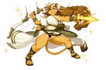  1girl apple arrow blue_eyes bow_(weapon) bracelet braid breasts brown_hair food fruit full_body fullbokko_heroes furry jewelry kishibe large_breasts long_hair multicolored_hair quiver sandals single_braid solo tail transparent_background two-tone_hair very_long_hair weapon white_hair 