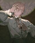 1boy brown_eyes brown_hair classicaloid collared_shirt crossed_bangs frederic_chopin_(classicaloid) hair_between_eyes highres long_sleeves looking_at_viewer male_focus octahooves ok_sign ok_sign_over_eye open_mouth puffy_sleeves shirt solo spotlight wallpaper_(object) white_shirt 