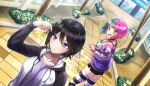  2girls black_hair black_shorts blunt_bangs bob_cut breasts copyright_notice dolphin_wave dutch_angle game_cg green_hair helly_lewis highres hood hooded_sweater large_breasts multicolored_hair multiple_girls non-web_source official_alternate_costume official_art ootomo_takuji open_mouth pink_hair purple_eyes short_hair shorts striped_clothes striped_thighhighs suminoe_shion sweater thighhighs two-tone_hair yellow_eyes 