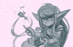 4_fingers bracelet cake cake_slice clothing dessert eye_markings fan_character female fingers food frowning_at_viewer hair hair_manipulation holding_object holding_plate humanoid humanoid_pointy_ears jewelry league_of_legends long_hair looking_at_viewer looking_up looking_up_at_viewer markings monochrome party_horn pointy_ears riot_games shoulder_pads simple_background solo te4moon_(artist) tencent topwear white_background yordle