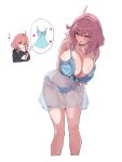  1girl absurdres ahoge arm_under_breasts babydoll black_ribbon black_shirt blue_babydoll blue_panties blue_ribbon blush braid breasts cellphone closed_mouth collarbone cropped_legs groin hair_between_eyes hair_ribbon heart heart_in_eye highres holding holding_phone huge_breasts jitome knees leaning_to_the_side lingerie medium_hair mole mole_under_eye navel original panties phone pink_eyes pink_hair ribbon see-through_babydoll see-through_clothes shirt side-tie_panties simple_background smartphone symbol_in_eye thighs tongue tongue_out translation_request underwear warabi_mochi_(w4rabimochi) white_background 