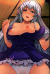  blush breasts collarbone eho_(icbm) highres kamishirasawa_keine large_breasts long_hair lying nipples non-web_source off_shoulder open_mouth panties saliva scan short_sleeves silver_hair solo touhou underwear very_long_hair white_panties yellow_eyes 