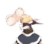  blonde_hair blue_dress bouncing_breasts breast_envy breasts chiyoshi_(sevendw) clenched_hand cowboy_shot dress fighting from_behind large_breasts mizuhashi_parsee motion_lines nipples pointy_ears punching simple_background solo standing touhou white_background 