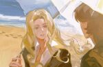  1boy 1girl beach blonde_hair brown_eyes brown_hair brown_jacket classicaloid footprints franz_liszt_(classicaloid) frederic_chopin_(classicaloid) holding holding_umbrella jacket long_hair looking_at_another octahooves outdoors parted_lips umbrella 
