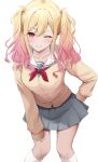 1girl ;) blonde_hair breasts cardigan closed_mouth collarbone feet_out_of_frame gradient_hair grey_skirt hand_on_own_hip hand_on_own_thigh heart highres kneehighs kunizaki leaning_forward long_sleeves looking_at_viewer medium_breasts medium_hair miniskirt miyamasuzaka_girls'_academy_school_uniform multicolored_hair neckerchief one_eye_closed pink_hair pleated_skirt project_sekai red_eyes sailor_collar school_uniform sidelocks simple_background skirt smile socks solo standing tenma_saki twintails white_background white_socks yellow_cardigan 