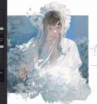  1girl art_program_in_frame bird black_hair bonnet classicaloid dress eyelashes flower highres long_hair long_sleeves octahooves open_mouth outdoors peacock ribbon solo tekla_badarzewska-baranowska_(classicaloid) upper_body white_dress white_ribbon 