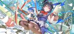  1girl animal_ears apron asymmetrical_wings basket bird black_hair black_thighhighs blue_dress blue_sky blue_wings bow breasts center_frills chair chicken cloud day dress dutch_angle fake_animal_ears fake_tail flower frills game_cg grin hair_between_eyes holding holding_basket houjuu_nue long_hair looking_at_viewer medium_breasts official_art outdoors petals rabbit rabbit_ears rabbit_tail red_bow red_eyes red_shoes red_wings river shoes skirt sky smile snake solo suspender_skirt suspenders susukawa_(susucawa) table tail thighhighs third-party_source touhou touhou_gensou_eclipse ufo vase water white_apron white_flower wings wrist_cuffs 
