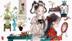  2girls brown_eyes brown_hair brushing_hair chinese_clothes closed_mouth comb earrings expressionless eyelashes eyeshadow fingernails flower grey_hanfu hair_flower hair_ornament hanfu highres holding holding_comb holding_mirror jewelry lips long_hair looking_to_the_side makeup mirror multiple_girls nail_polish original pink_flower plant potted_plant profile putong_xiao_gou red_eyeshadow red_flower red_hanfu red_lips red_nails reflection scroll table vase white_background white_flower 