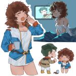  1boy 1girl amuro_ray anger_vein bare_shoulders breasts bright_noa cleavage closed_eyes coffee commentary cup genderswap genderswap_(mtf) green_hair gundam highres holding holding_cup jacket military_uniform mobile_suit_gundam off_shoulder open_clothes open_jacket open_mouth porkpie68701999 shirt short_hair sleeveless symbol-only_commentary tearing_up white_shirt yawning 
